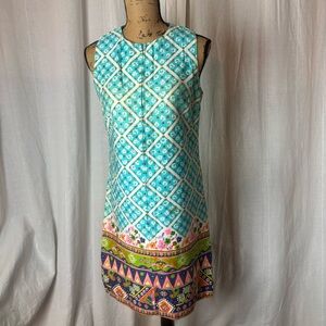 Vintage Craig 60’s 70’s Print Sheath Dress Blue White Front Zip Barkcloth Sz M
